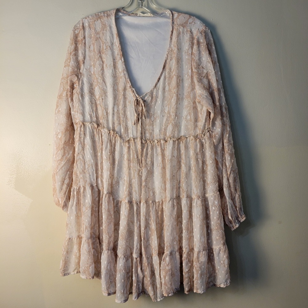 Altard State Tan Snakeskin Swiss Dot Tiered Babydoll Dress Womens Medium Boho